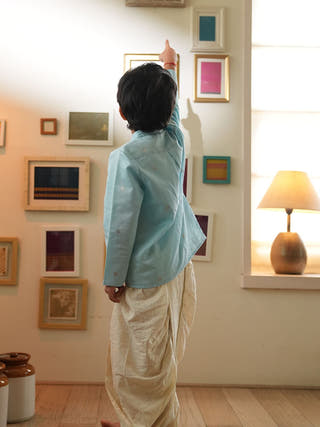 Poppy Chinese Collar Shirt Kurta In Light Blue And Yellow
