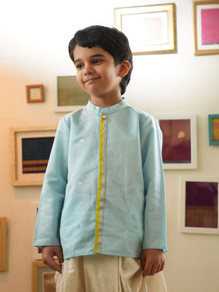 Poppy Chinese Collar Shirt Kurta In Light Blue And Yellow