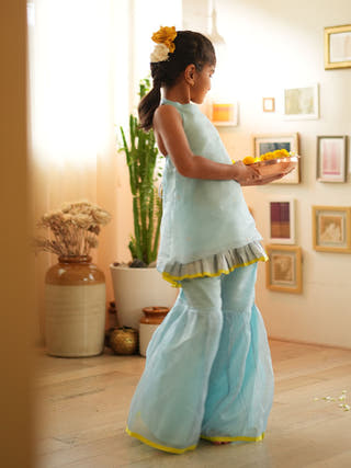 Poppy Sharara Kurta Set In Light Blue And Yellow