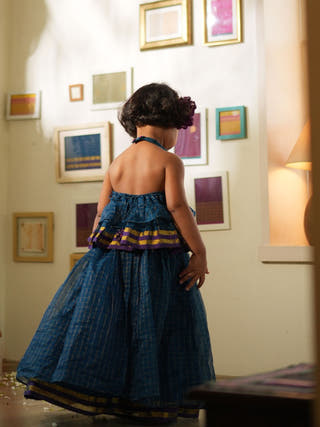 Aparajita Lehenga Set In Blue Gold Checks