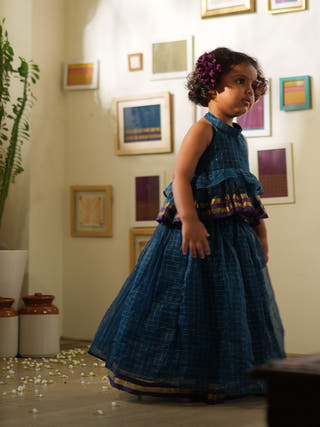 Aparajita Lehenga Set In Blue Gold Checks