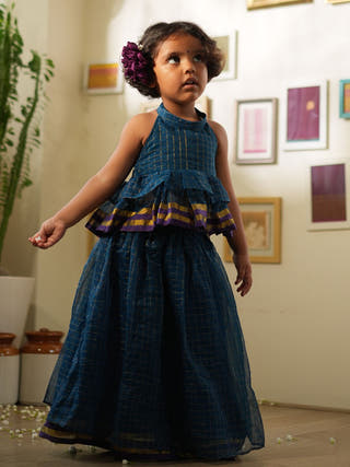 Aparajita Lehenga Set In Blue Gold Checks