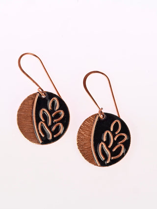 Hand Crafted Copper Enamel Leaflet Coal Earrings Small Ekibeki