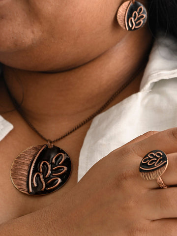 Hand Crafted Copper Enamel Leaflet Coal Ring