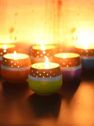 Mini Multicoloured Tea Light Holders - Set of 6
