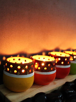 Mini Multicoloured Decorated Tea Light Holders - Set of 6