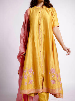Yellow Chanderi and Sujani  Anarkali Set Bihart Yellow & Pink