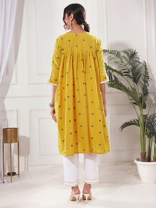 Praya Yellow A-line Cotton Kurta Set