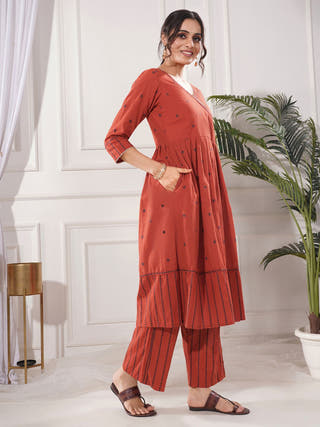 Saanjh Red Angrakha Cotton Kurta