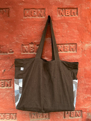 Charcoal Grey Cotton Tote Bag with Chindi Side Pockets. Bihart