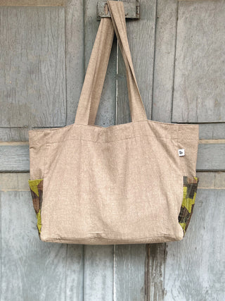 Classic Beige Cotton Tote Bag with Chindi Side Pockets. Bihart