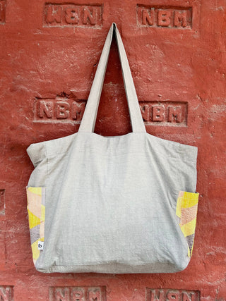 Classic Grey Cotton Tote Bag with Chindi Side Pockets. Bihart