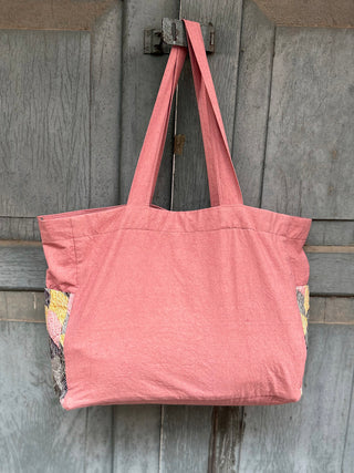 Dusty Pink Cotton Tote Bag with Chindi Side Pockets. Bihart