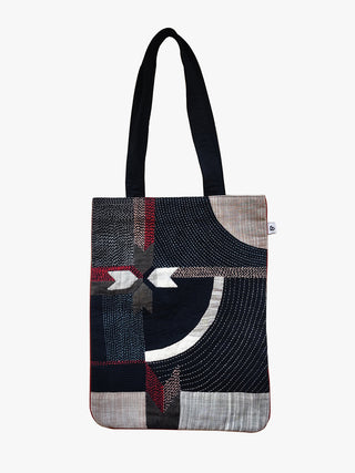 Unisex Cotton Applique And Sujani Work Charcoal Grey Tote Bag Bihart