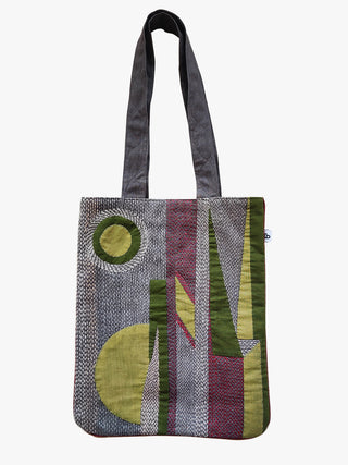 Unisex Cotton Charcoal Grey Tote Bag With Applique And Sujani Work Bihart