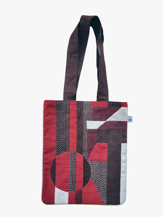 Unisex Cotton Brown Tote Bag With Applique And Sujani Work Bihart