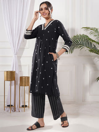 Chakori Black Cotton Kurta Set