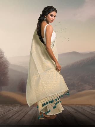 Chandni Leher Pastel Blue Handloom Cotton Brocade Saree