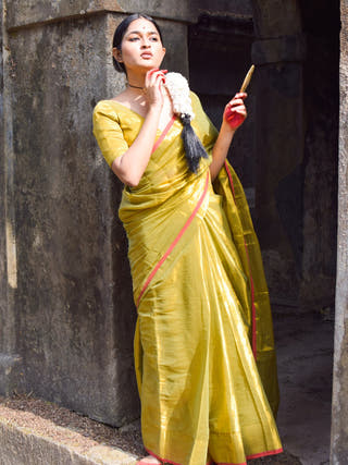 Chandrakala Olive Green Dual Tone Tissue Saree