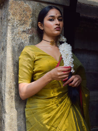 Chandrakala Olive Green Dual Tone Tissue Saree