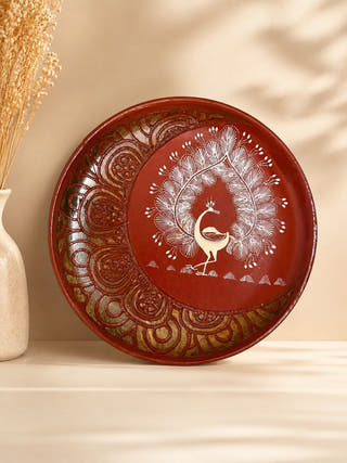 Hand Painted Warli Peacock Feather Wall Plate
