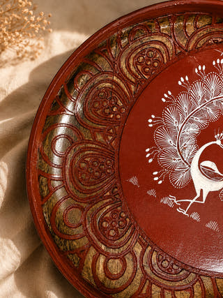 Hand Painted Warli Peacock Feather Wall Plate