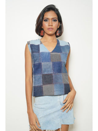 Checker Denim Sleeveless Top Bunko Junko