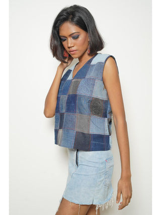 Checker Denim Sleeveless Top Bunko Junko