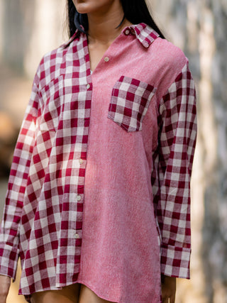 Naturally dyed checkered shirt Pink Krushnachuda