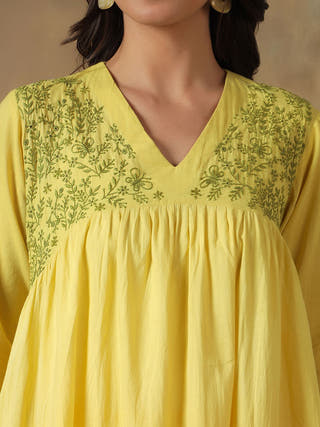 Yellow Cotton Chikankari Lucknowi Kurta-Pant Set