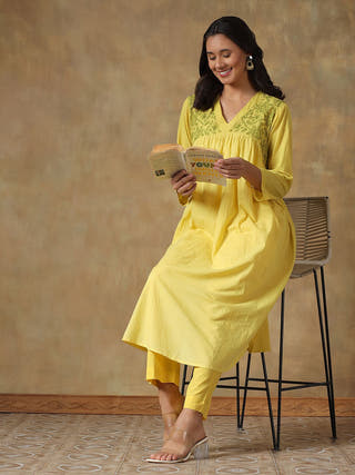 Yellow Cotton Chikankari Lucknowi Kurta-Pant Set
