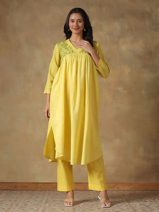 Yellow Cotton Chikankari Lucknowi Kurta-Pant Set