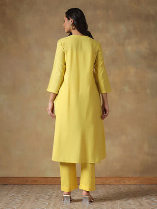 Yellow Cotton Chikankari Lucknowi Kurta-Pant Set