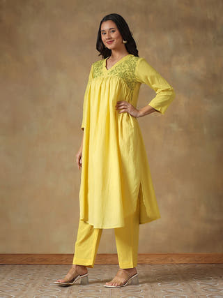Yellow Cotton Chikankari Lucknowi Kurta-Pant Set