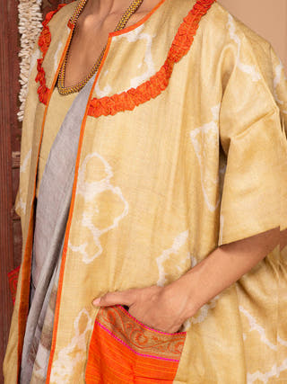 Ecoprinted Handwoven Reversible Paasbaan Kimono Jacket Yellow Bageeya