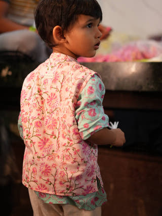 Gul Cotton Blue Floral Kurta with Phool Pink Floral Bandi and Off White Dhoti Set