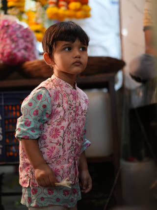 Gul Cotton Blue Floral Kurta with Phool Pink Floral Bandi and Off White Dhoti Set