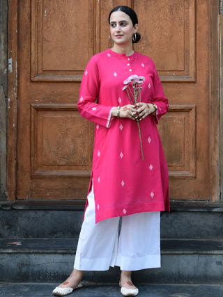 Rani Pink Jamdani Placket Kurta