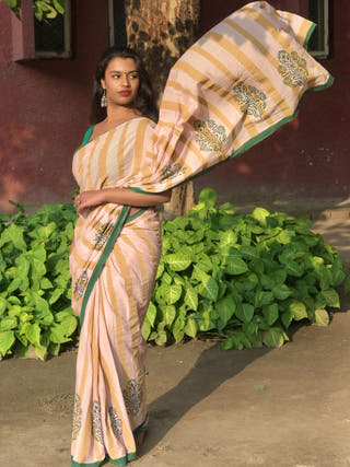 Trisha Pink Bold Striped Hand Block Printed Mulmul Cotton Saree