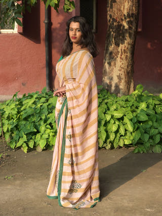 Trisha Pink Bold Striped Hand Block Printed Mulmul Cotton Saree
