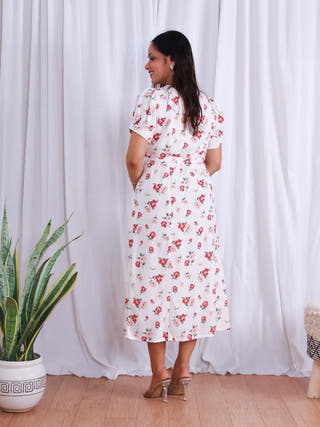 Rose White Floral Print Midi Dress