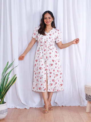 Rose White Floral Print Midi Dress