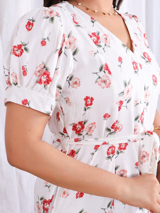Rose White Floral Print Midi Dress