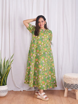 emily maxi dress green Shop Emily Green Floral HandBlock Print Circular Cut Cotton Maxi Dress at flourish.shop S