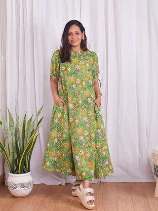 Emily Green Floral HandBlock Print Circular Cut Cotton Maxi Dress