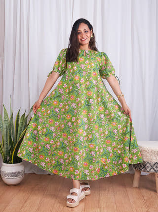 Emily Green Floral HandBlock Print Circular Cut Cotton Maxi Dress