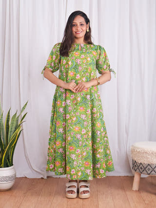 Emily Green Floral HandBlock Print Circular Cut Cotton Maxi Dress