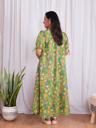Emily Green Floral HandBlock Print Circular Cut Cotton Maxi Dress