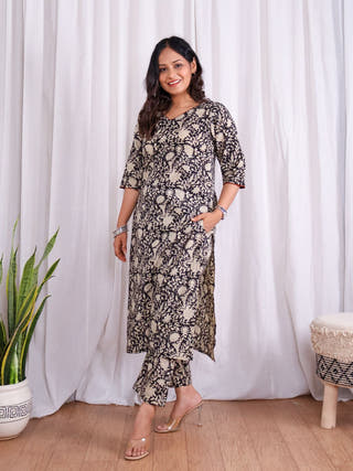 Vivian Black HandBlock Bagru Print Cotton Kurta Set