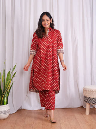 Tia Red Bagru HandBlock Print Cotton Kurta Set